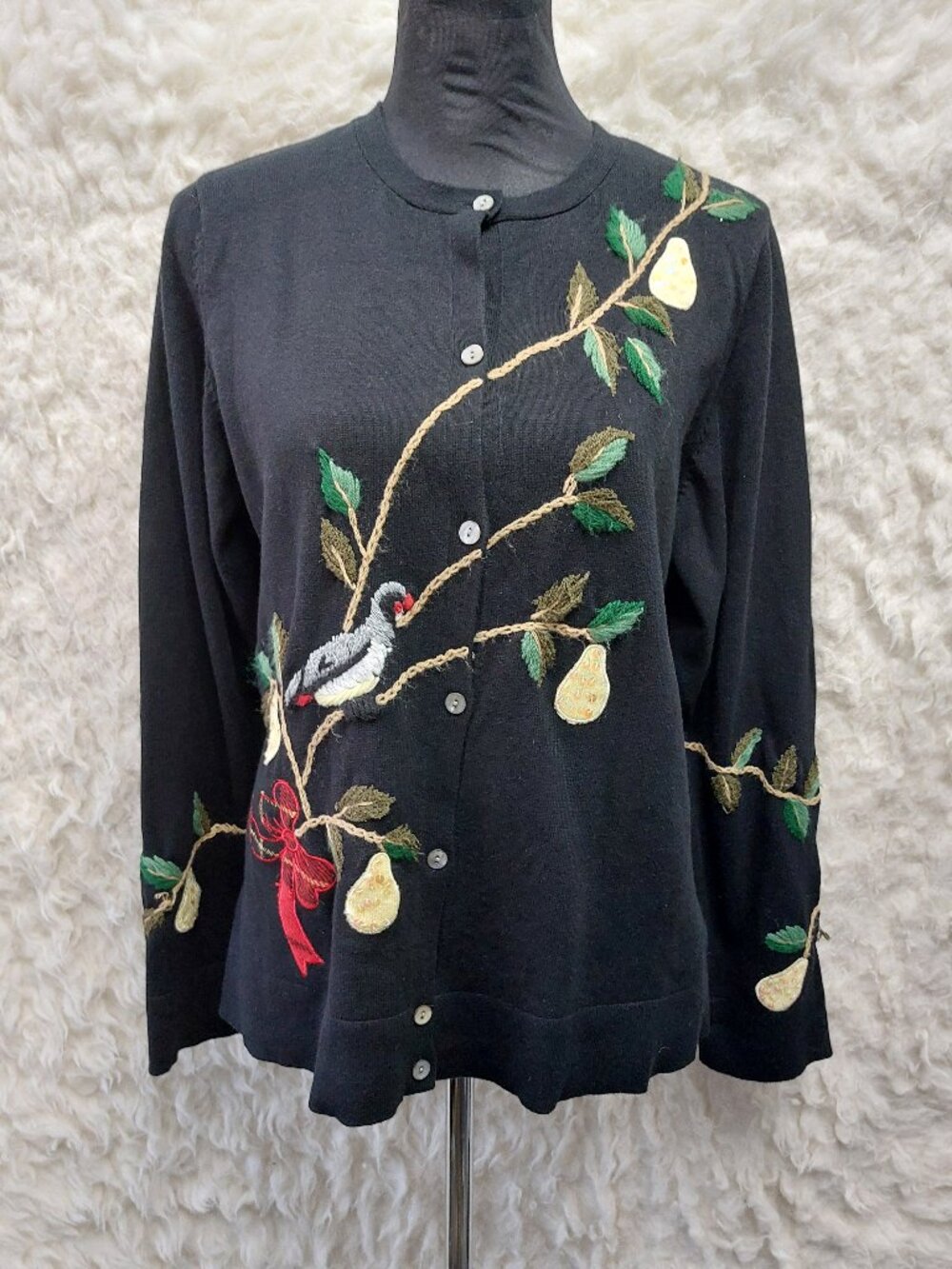 Vintage Tabi Holiday Cardigan Partridge and Pears Embroidery Sweater Size M